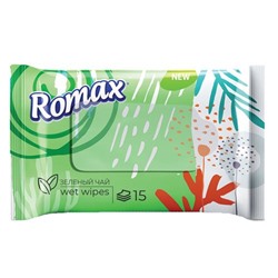 Салфетки влажные гигиенические освежающие Romax c ароматом зеленого чая, 15 шт