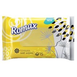 Салфетки влажные гигиенические освежающие Romax c ароматом РОМАШКИ, 15 шт